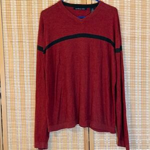 Northern Isles Mens Red Silk Cashmere Blend V-Neck Stripe Sweater L Preppy